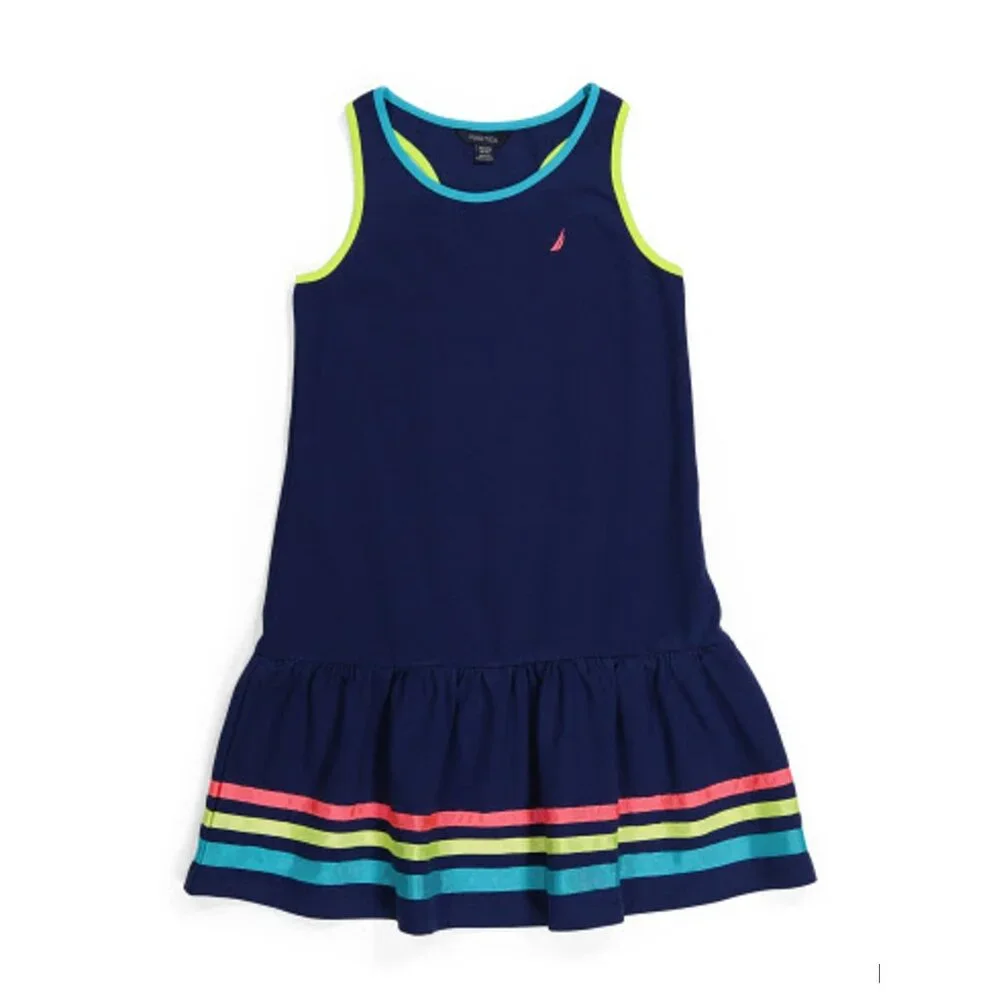 NAUTICA Big Girls Deep Navy Ribbon Border Dress size 8/10 NEW Yellow Red NEW tag